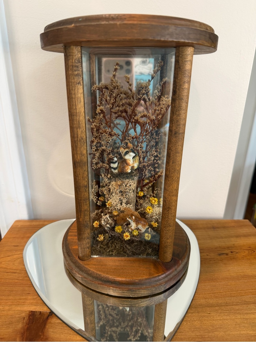 Vintage 1979s wood glass diorama cloche woodland theme ceramic raccoons 10” tall